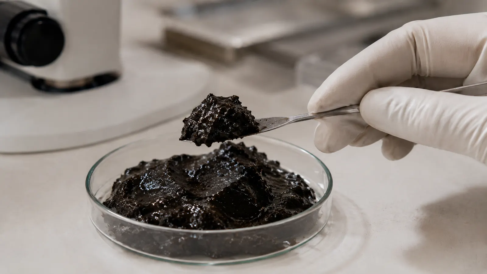 Open dermatology research papers beside a small glass dish of dark peat extract on a laboratory bench